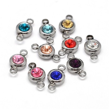 Flat Round 304 Stainless Steel Cubic Zirconia Links, Stainless Steel Color, Mixed Color, 12x6.5x4mm, Hole: 2mm