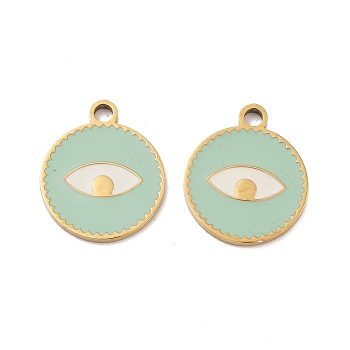 Ion Plating(IP) 316 Surgical Stainless Steel Pendants, Nickel Free, with Enamel, Real 18K Gold Plated, Flat Round with Eye Pattern, Medium Aquamarine, 18x15x1.5mm, Hole: 2mm