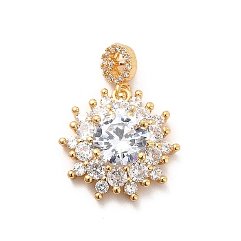 Brass Micro Pave Clear Cubic Zirconia Pendants, with Glass, Flower, Real 18K Gold Plated, 25.5mm, Hole: 3x2mm