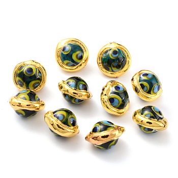 Handmade Lampwork Beads, with Golden Color Edge Brass, Round, Dark Green, 16.5~17x15.5~16x12~13.5mm, Hole: 1mm
