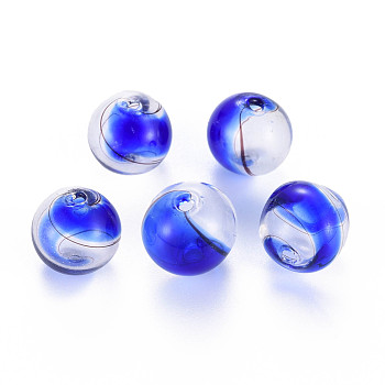 Transparent Handmade Blown Glass Globe Beads, Round, Blue, 12.5~14mm, Hole: 1~2mm