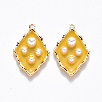Brass Enamel Pendants, with ABS Plastic Imitation Pearl, Nickel Free, Rhombus, Real 18K Gold Plated, Yellow, 20x12.5x4mm, Hole: 1mm