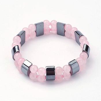 Natural Rose Quartz Stretch Bracelets, with Non-Magnetic Synthetic Hematite Beads, 2 inch(51mm)