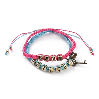 Best Friend Friendship Bracelets Sets, Adjustable Waxed Polyester Cord Braided Bead Bracelets, with Alloy Key & Padlock Pendants, Acrylic Cube Beads and Brass Round Beads, Mixed Color, Inner Diameter: 2-1/8~3-6/8 inch(5.5~9.5cm), 2pcs/set