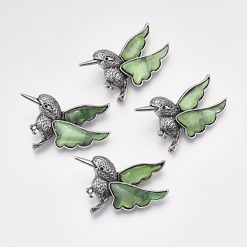 Shell Brooches/Pendants, with Resin Bottom and Alloy Findings, Bird, Antique Silver, Dark Sea Green, 31~32x53.5x12~12.5mm, hole: 6x3mm, Pin: 0.7mm