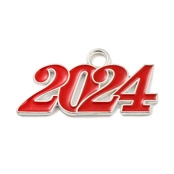 Alloy Enamel Pendants, Lead Free and Cadmium Free, Number 2024 Charm, Silver, Red, 18.5x36.5x1.5mm, Hole: 4mm