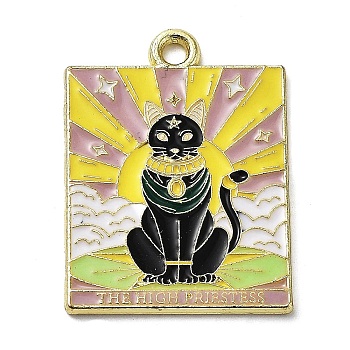 Word The High Priestess Alloy Enamel Pendants, Golden, Black Cat Tarot Charm, Light Green, 27x20x1.5mm, Hole: 2mm