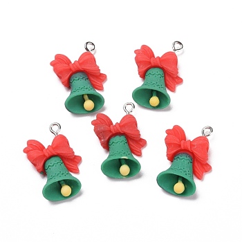 Christmas Opaque Resin Pendants, with Platinum Tone Iron Loops, Bell Shape, Green, 26x17x7mm, Hole: 2mm