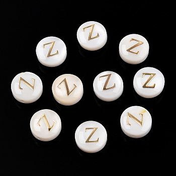 Natural Freshwater Shell Beads, with Golden Plated Brass Etched Metal Embellishments, Flat Round with Letter, Letter Z, 7.5~8x4~5mm, Hole: 0.8mm