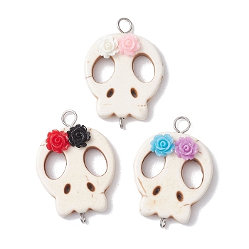 Halloween Skull Synthetic Turquoise Connector Charms with Flower Resin, Mixed Color, 36x25x7mm, Hole: 2~5mm