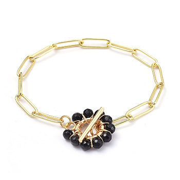 Brass Paperclip Chain Bracelets, with Natural Black Agate Beads and 304 Stainless Steel Toggle Clasps, Real 18K Gold Plated, 7-1/4 inch(18.5cm)