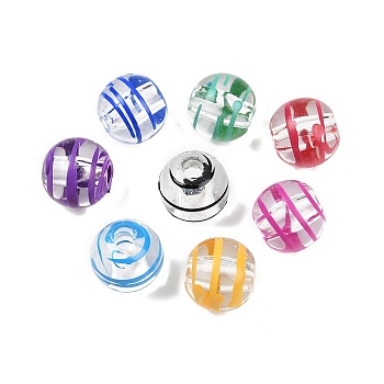 Transparent Acrylic Beads, Round with Stripe, with Enamel, Mixed Color, 15x14mm, Hole: 4mm