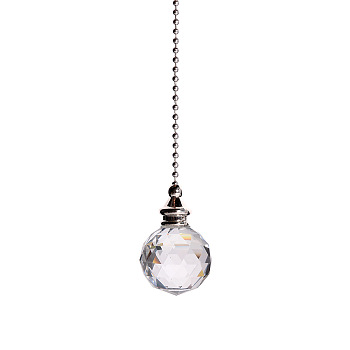 Glass Crystal Ceiling Fan Pull Chain Extenders, with Metal Ball Chains, Round Ball Pendant Suncatcher, Clear, 545mm