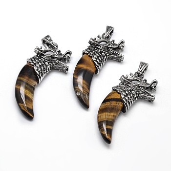 Tusk Shape with Dragon Antique Silver Zinc Alloy Natural Tiger Eye Big Pendants, Lead Free & Nickel Free, 56~59x25x11.5mm, Hole: 4x8mm