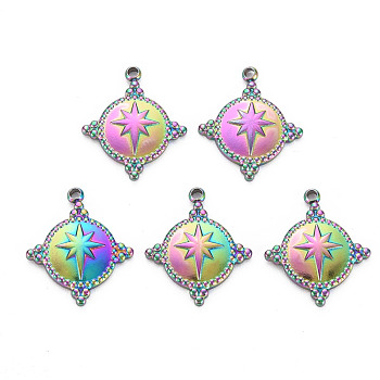 201 Stainless Steel Pendants, Flat Round with Star, Rainbow Color, 17.5x15x2.5mm, Hole: 1.4mm
