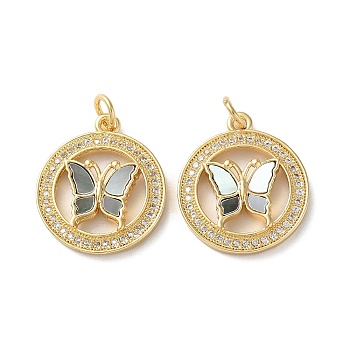 Brass Micro Pave Clear Cubic Zirconia Pendants, with Shell and Jump Ring, Real 18K Gold Plated, Butterfly, 20.5x17.5x3.5mm, Hole: 3mm