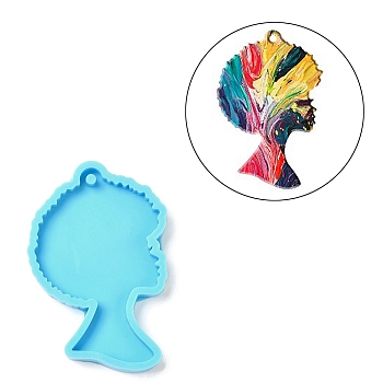 Black Women Portrait DIY Pendant Silicone Molds, Resin Casting Molds, for UV Resin & Epoxy Resin Jewelry Making, Deep Sky Blue, 78x51x8mm, Hole: 3.8mm