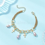 Natural Pearl Rice and 304 Stainless Steel Cross Charm Bracelets for Women, Plum, Golden, 7 inch(17.7cm)(BJEW-JB12984)