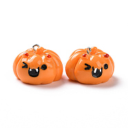 Halloween Opaque Resin Pendants, Pumpkin Jack-O'-Lantern Charms, with Platinum Tone Iron Loops, Dark Orange, 21.5x27x27mm, Hole: 2mm(RESI-D063-14A)