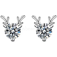 Anti-Tarnish 925 Sterling Silver with Moissanite Rhinestone Stud Earrings, Deer, Platinum, 8.9x7.7mm(AJEW-U007-04P)