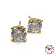 925 Sterling Silver Stud Earrings, with Cubic Zirconia, Diamond, Real 18K Gold Plated, 6x6mm(EJEW-K265-01G)