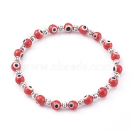 Handmade Round Evil Eye Lampwork Beaded Stretch Bracelets, with Alloy Spacer Beads, Antique Silver, Dark Red, Inner Diameter: 2 inch(5.2cm)(BJEW-JB05974-04)