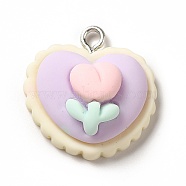 Opaque Resin Pendants, with Platinum Tone Iron Loops, Heart Charm with Flower Pattern, Lilac, 22x21x10mm, Hole: 2.2mm(RESI-G056-06)