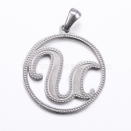 304 Stainless Steel Pendants, Flat Round with Letter, Stainless Steel Color, Letter.U, 28x25x1.2mm, Hole: 6x3.5mm(STAS-K162-074P)