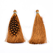 Polyester Tassel Big Pendant Decorations, with Feather and Iron Findings, Goldenrod, 96~100x7mm, Hole: 5mm(X-FIND-T043-07)