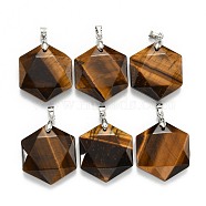 Natural Tiger Eye Pendants, with Platinum Tone Brass Findings, Faceted, Hexagon, 28x25x9mm, Hole: 4x5mm(G-E487-95J)