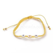 Adjustable Waxed Polyester Cord Braided Bead Bracelets, with Acrylic Enamel Flat Round Beads and Brass Round Beads, Word I Love You, Golden, Yellow, Inner Diameter: 2-1/8~4-1/8 inch(5.4~10.3cm)(BJEW-JB05846-02)