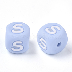 Food Grade Eco-Friendly Silicone Beads, Horizontal Hole, Chewing Beads For Teethers, DIY Nursing Necklaces Making, Letter Style, Cube, Light Sky Blue, Letter.S, 10x10x10mm, Hole: 2mm(SIL-R011-10mm-02S)