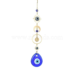 Blue Teardrop with Evil Eye Lampwork Pendant Decorations, Brass Moon/Sun Link Hanging Ornaments, Golden, 203.5x29.5x5mm, Hole: 10mm(HJEW-JM01564)