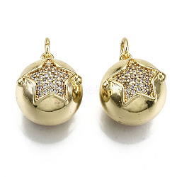 Brass Micro Pave Cubic Zirconia Pendants, with Jump Rings, Nickel Free, Round with Star, Real 16K Gold Plated, Clear, 15x14x12mm, Jump Ring: 5x0.7mm, Inner Diameter: 3mm(ZIRC-S067-107A-NF)