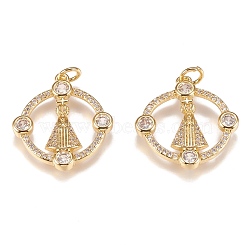 Brass Micro Pave Clear Cubic Zirconia Pendants, Long-Lasting Plated, With Jump Rings, Round with Nossa Senhora Aparecida, Golden, 21.5x21x3mm, Hole: 3mm, jump ring: 5x1mm, 3mm inner diameter.(ZIRC-N040-07-G)