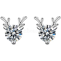 Anti-Tarnish 925 Sterling Silver with Moissanite Rhinestone Stud Earrings, Deer, Platinum, 8.9x7.7mm(AJEW-U007-04P)