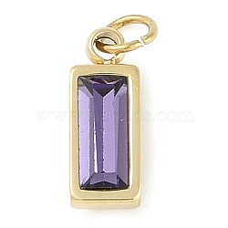 Glass Pendants, with Ion Plating(IP) 304 Stainless Steel Findings, Manual Polishing, with Jump Ring, Rectangle Charms, Real 18K Gold Plated, Medium Purple, 11x4x3.5mm, Hole: 2.5mm(STAS-P366-40G-09)