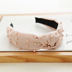 Mesh Beaded Cloth Hair Bands, Wide Twist Knot Hair Accessories for Women Girls, Pink, 170x30mm(PW-WG58306-03)