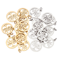 20Pcs 2 Colors 304 Stainless Steel Pendants, with Unsoldered Jump Rings, Flat Round with Tree of Life, Golden & Stainless Steel Color, 19x16x1mm, Hole: 3mm, 10pcs/color(STAS-UN0047-40)