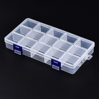 Polypropylene(PP) Bead Storage Containers, 15 Compartments Organizer Boxes, with Hinged Lid, Rectangle, Clear, 21.7x11x3cm, compartment: 3.4x4.1cm
