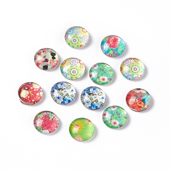 Half Round/Dome Floral Printed Glass Cabochons, Mixed Color, 10x4mm