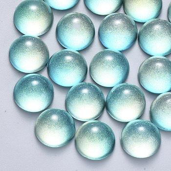 Transparent Spray Painted Glass Cabochons, with Glitter Powder, Half Round/Dome, Aquamarine, 12x6mm