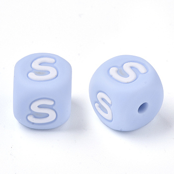 Food Grade Eco-Friendly Silicone Beads, Horizontal Hole, Chewing Beads For Teethers, DIY Nursing Necklaces Making, Letter Style, Cube, Light Sky Blue, Letter.S, 10x10x10mm, Hole: 2mm