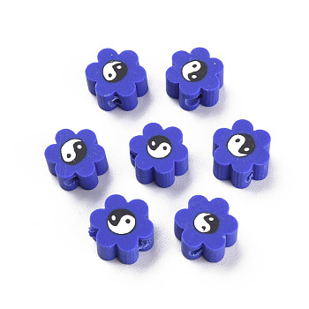 Handmade Polymer Clay Beads, for DIY Jewelry Crafts Supplies, Flower with Yinyang, Dark Blue, 8~9x7.5~8.5x4~4.5mm, Hole: 1.6~1.8mm