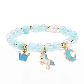Acrylic Imitation Pearl Stretch Bracelet, Alloy Enamel Unicorn Crown Moon Charms Bracelet for Women, Pale Turquoise, Inner Diameter: 2-1/4 inch(5.8cm)