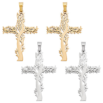 4Pcs 2 Colors 304 Stainless Steel Pendants, Cross with Tree, Mixed Color, 47x31.5x2mm, Hole: 6.5x4mm, 2pcs/color