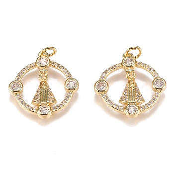 Brass Micro Pave Clear Cubic Zirconia Pendants, Long-Lasting Plated, With Jump Rings, Round with Nossa Senhora Aparecida, Golden, 21.5x21x3mm, Hole: 3mm, jump ring: 5x1mm, 3mm inner diameter.