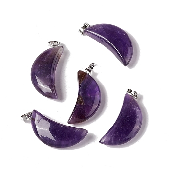 Natural Amethyst Pendants, with Platinum Tone Brass Findings, Moon Charm, 33x15x8mm, Hole: 6x3.2mm