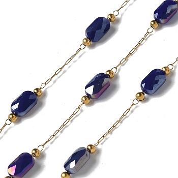 316 Surgical Stainless Steel Link Chains, with Steel and Glass Beads, Soldered, Real 18K Gold Plated, Dark Slate Blue, 2.5x1x0.5mm, about 16.40 Feet(5m)/Roll