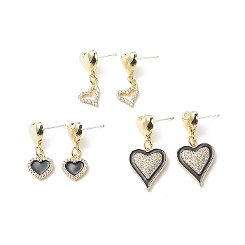3 Pairs 3 Style Clear Cubic Zirconia Heart Dangle Stud Earrings, 304 Stainless Steel Earrings for Valentine's Day, Mixed Color, 26~34.5mm, Pin: 0.7mm, 1 Pair/style